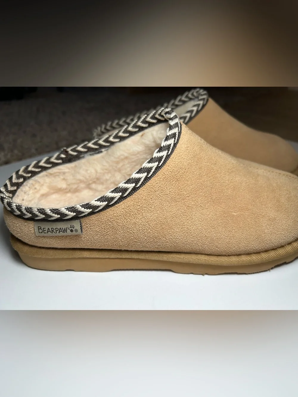 BearPaw Tan Suede Faux-Shearling Slip-On Slippers with Black & White Trim